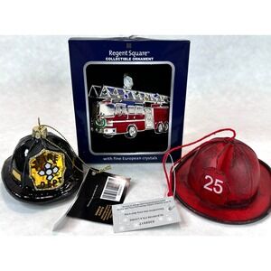 Fire Fighter Christmas Ornament‎ Set of 3 Fire Truck Helmet Fireman Captain NEW